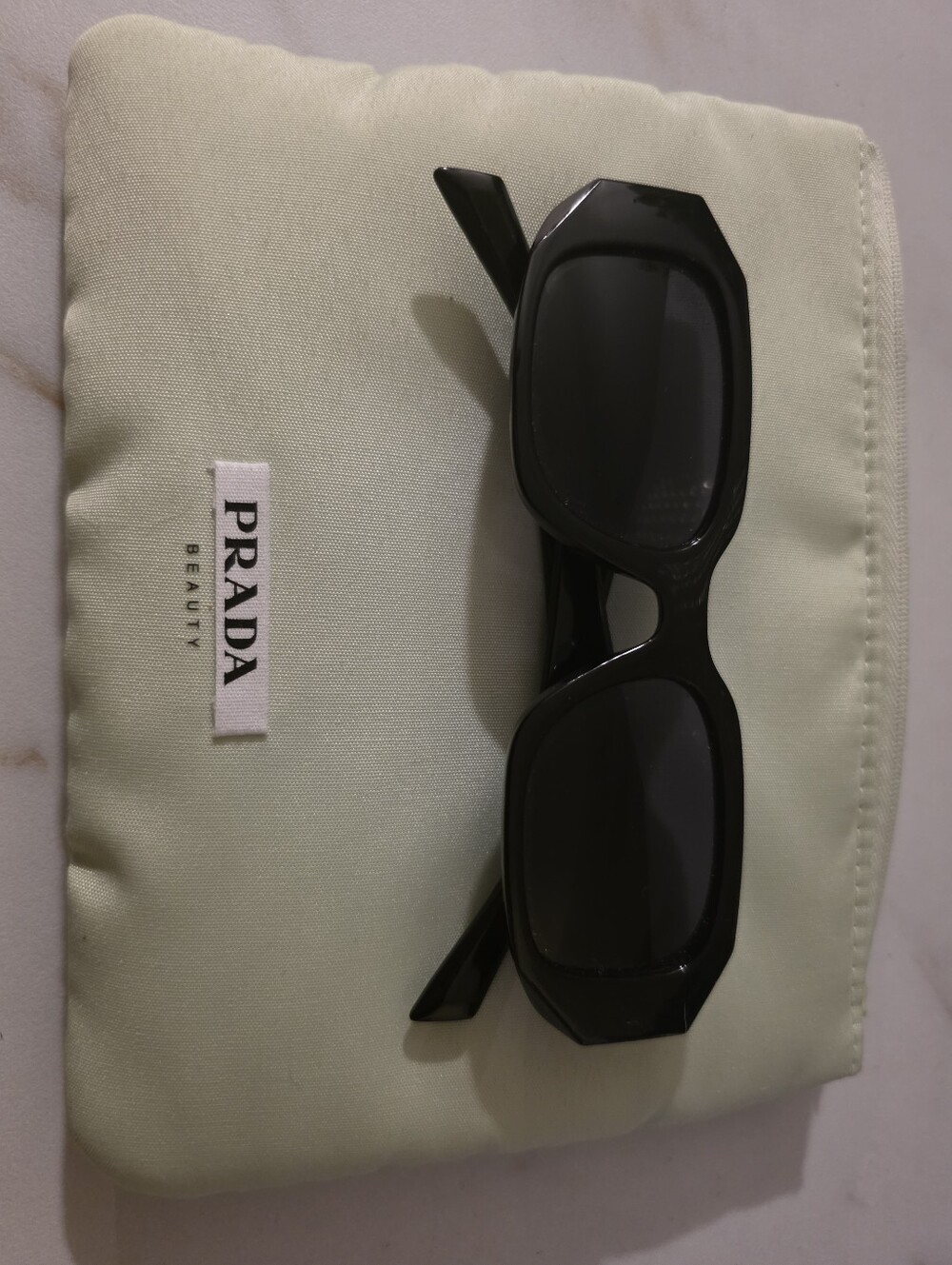 Prada Black Rectangular Sunglasses With Soft Prada Beauty Pouch.